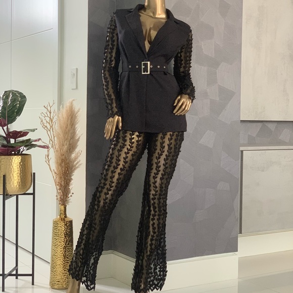 Black Woven Sheer Lace Flared Set! - Picture 1 of 8